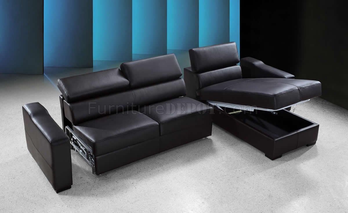 Espresso Leather Modern Sectional Sofa Bed W/Storage For Hartford Storage Sectional Futon Sofas (View 1 of 15)