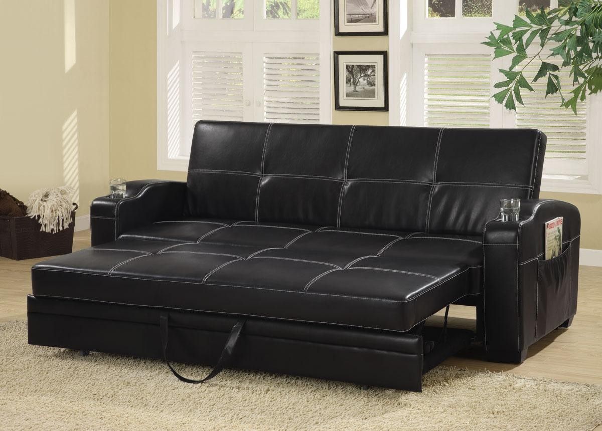 Faux Leather Sofa Bed With Storage And Cup Holders From Within Liberty Sectional Futon Sofas With Storage (View 5 of 15)