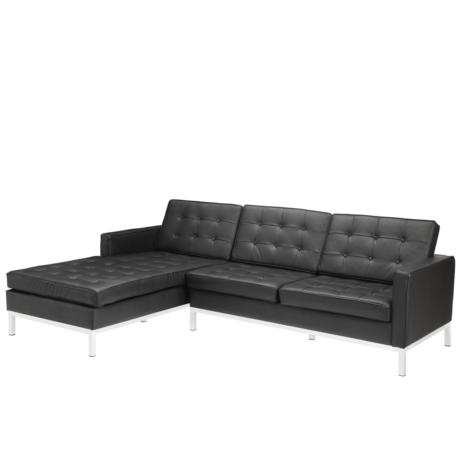 Florence Knoll Style Sectional Sofa In Black Leather Left With Regard To Florence Mid Century Modern Velvet Left Sectional Sofas (View 2 of 15)