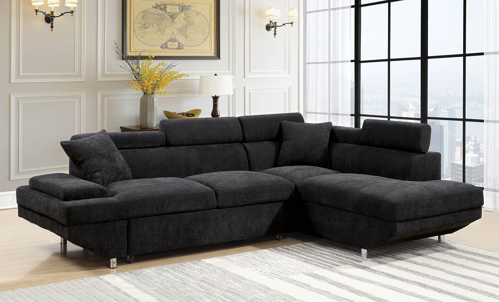 Foreman Contemporary Sectional Sleeper Sofa In Black With Regard To Contemporary Fabric Sofas (View 3 of 15)