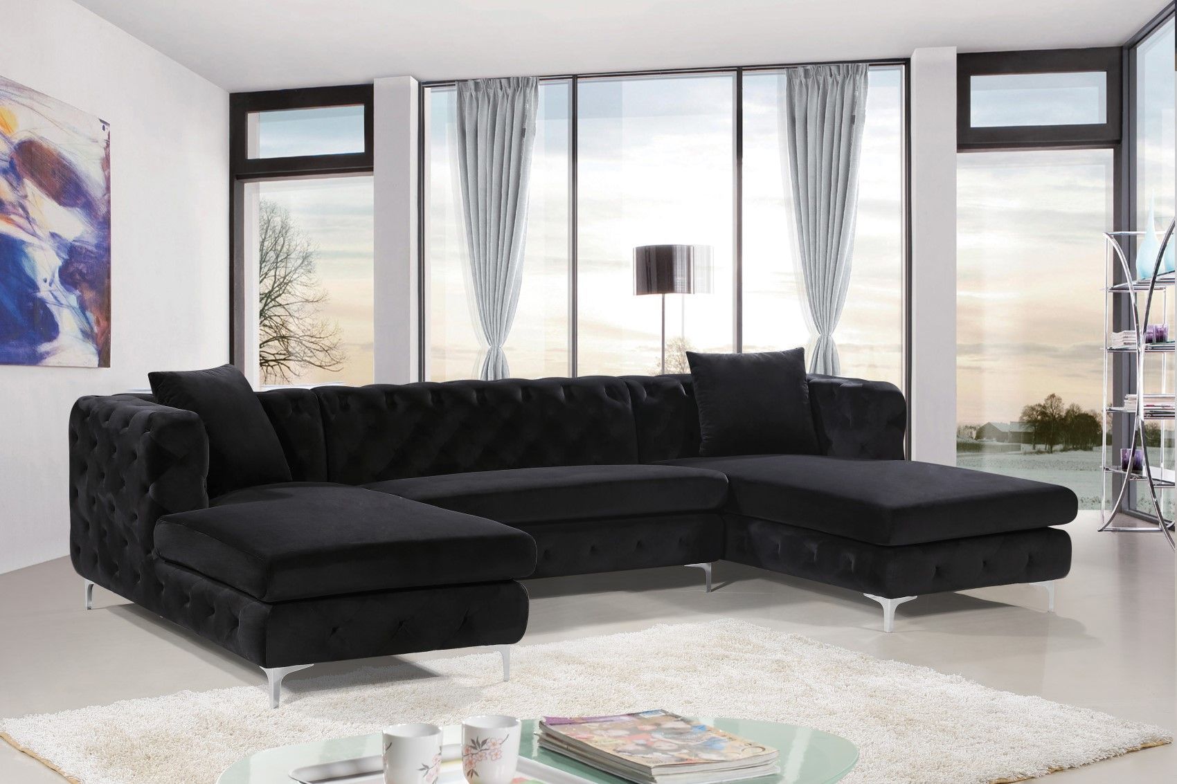 Gail Deep Tufted Black Velvet Double Chaise Sectional Sofa Within 3Pc French Seamed Sectional Sofas Velvet Black (View 7 of 15)