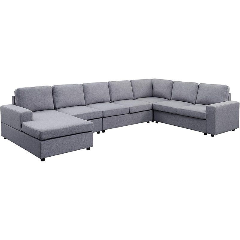 Gray Linen 7 Seat Reversible Modular Sectional Sofa Chaise With Paul Modular Sectional Sofas Blue (View 12 of 15)