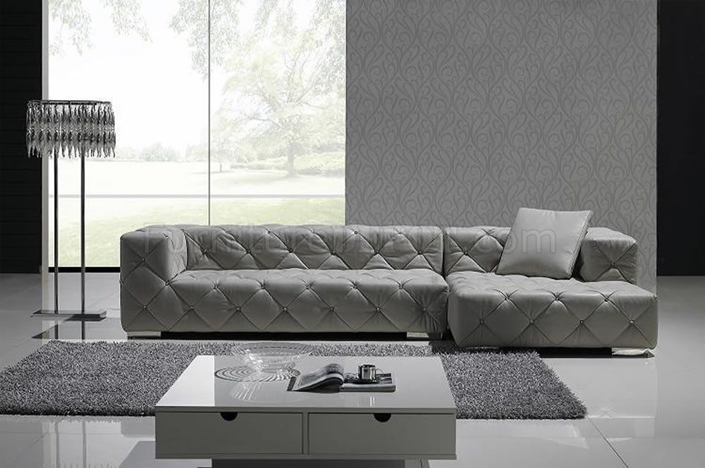 Grey Full Italian Leather Modern Sectional Sofa W/Crystals Pertaining To Noa Sectional Sofas With Ottoman Gray (View 7 of 15)