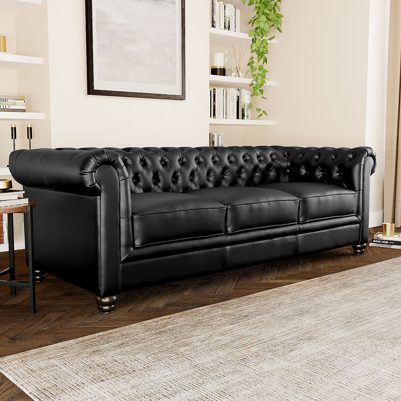 Hampton Black Leather 3 Seater Chesterfield Sofa Intended For 3 Seater Leather Sofas (View 9 of 15)