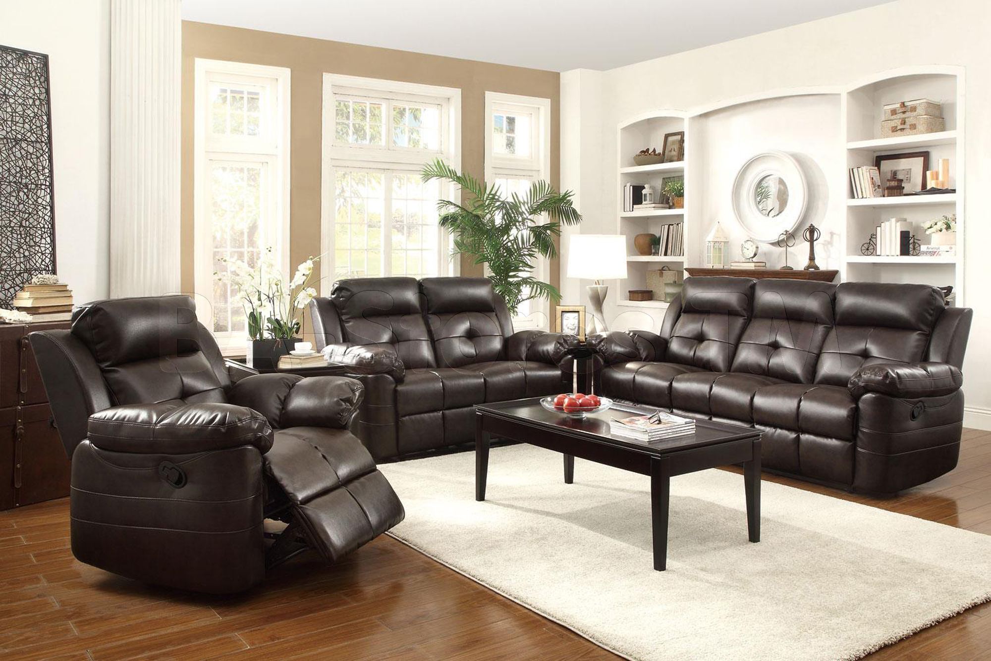 Keating Dark Brown Bonded Leather Match 3 Pc Motion Sofa With 3Pc Bonded Leather Upholstered Wooden Sectional Sofas Brown (View 15 of 15)