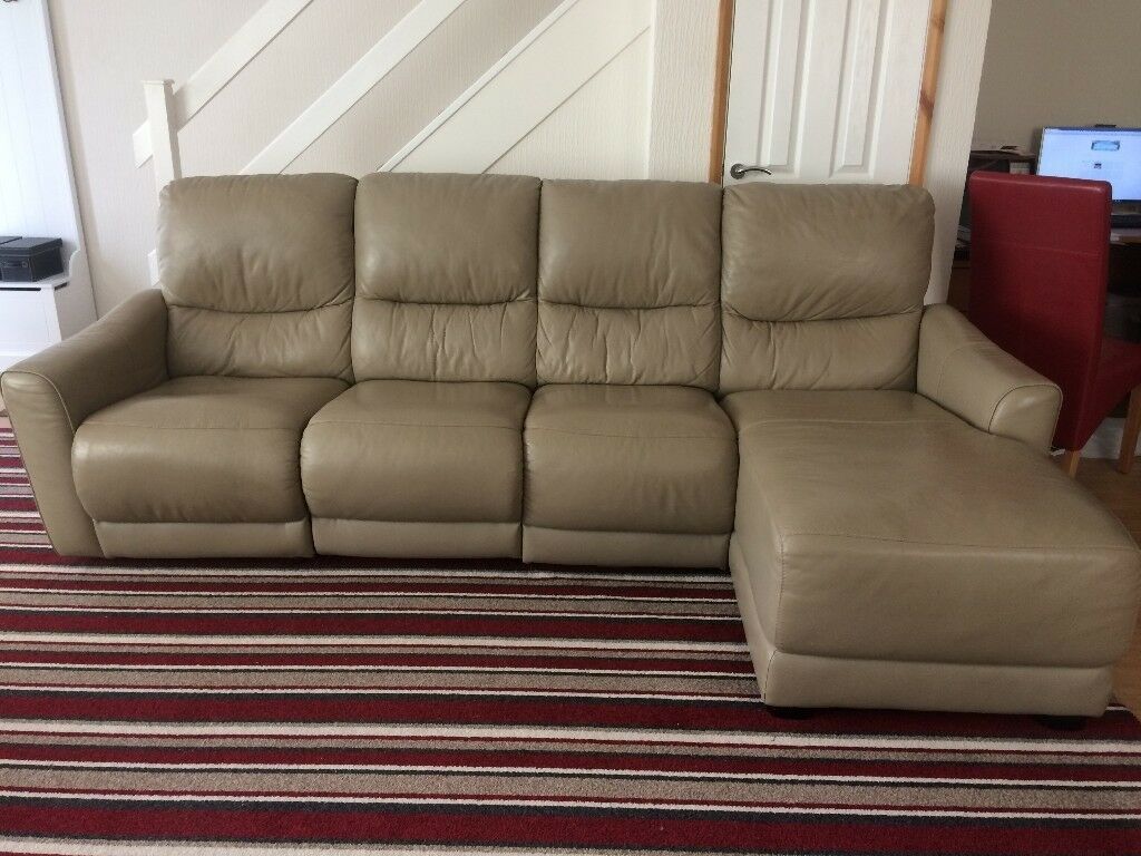 Leather 4 Seater Beige Part Reclining Sofa With Chaise With Regard To 4 Seat Sofas (View 11 of 15)