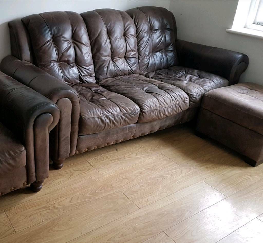 Leather Three Seater Sofa And Footstool | In Canterbury Throughout Canterbury Leather Sofas (View 1 of 12)