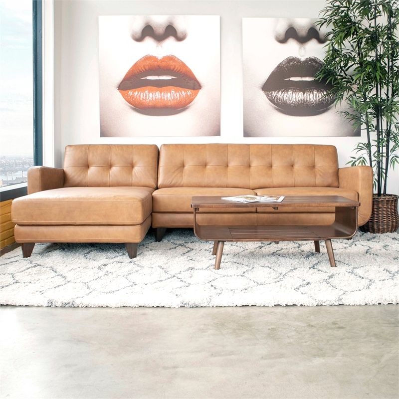 Mid Century Modern Davis Tan Genuine Leather Sectional Regarding Alani Mid Century Modern Sectional Sofas With Chaise (View 9 of 15)