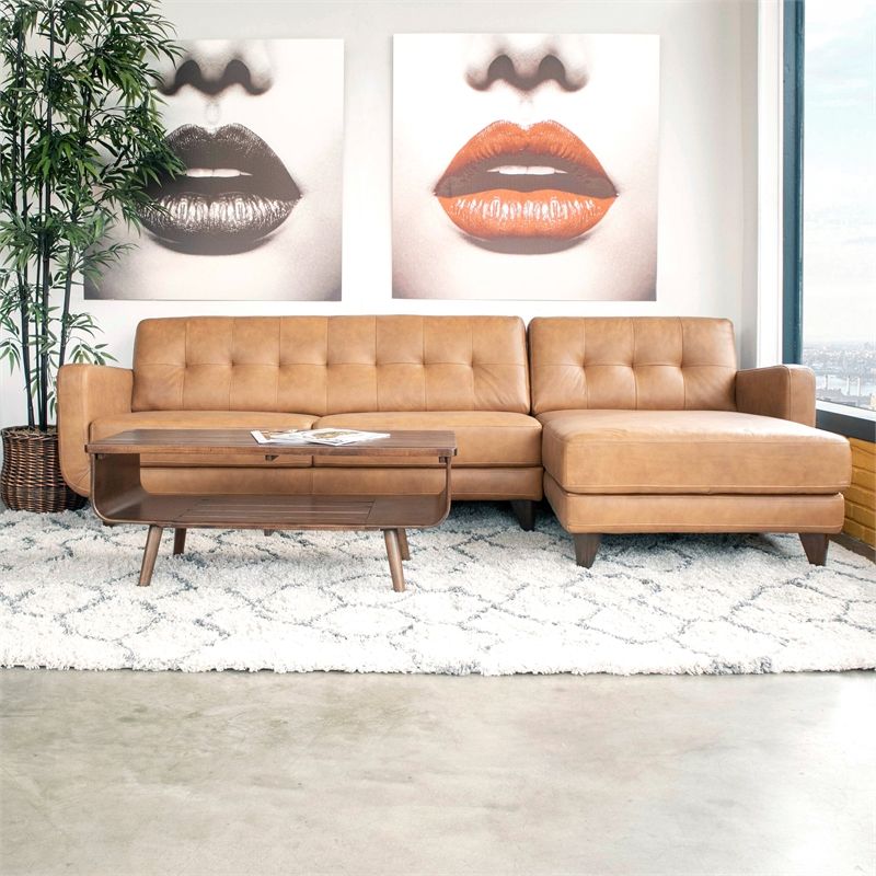 Mid Century Modern Davis Tan Genuine Leather Sectional Throughout Alani Mid Century Modern Sectional Sofas With Chaise (View 2 of 15)