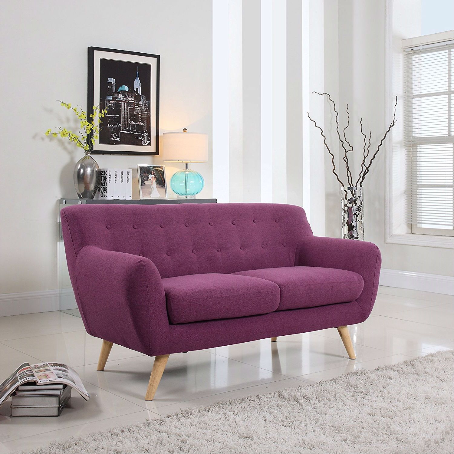 Modern Purple Linen Fabric Upholstered Mid Century Style Within Mireille Modern And Contemporary Fabric Upholstered Sectional Sofas (View 9 of 15)