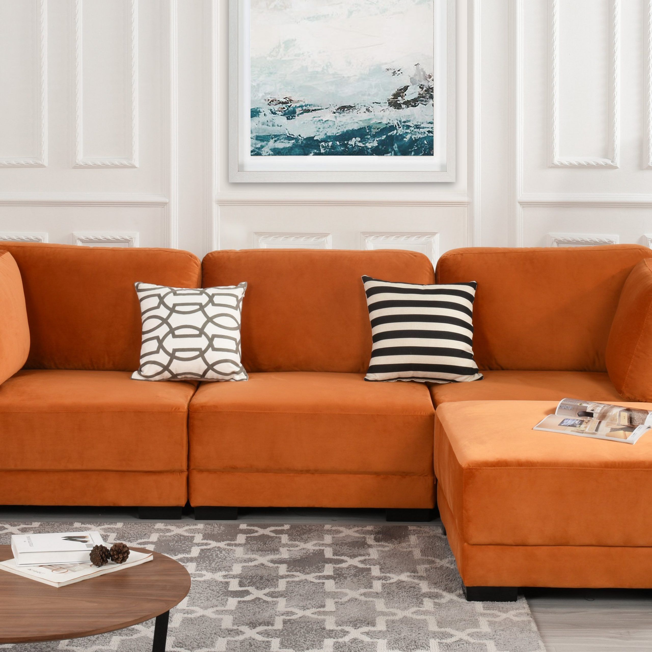 Orange Upholstered Velvet Sectional Sofa, L Shape Modern Inside Florence Mid Century Modern Velvet Left Sectional Sofas (View 8 of 15)