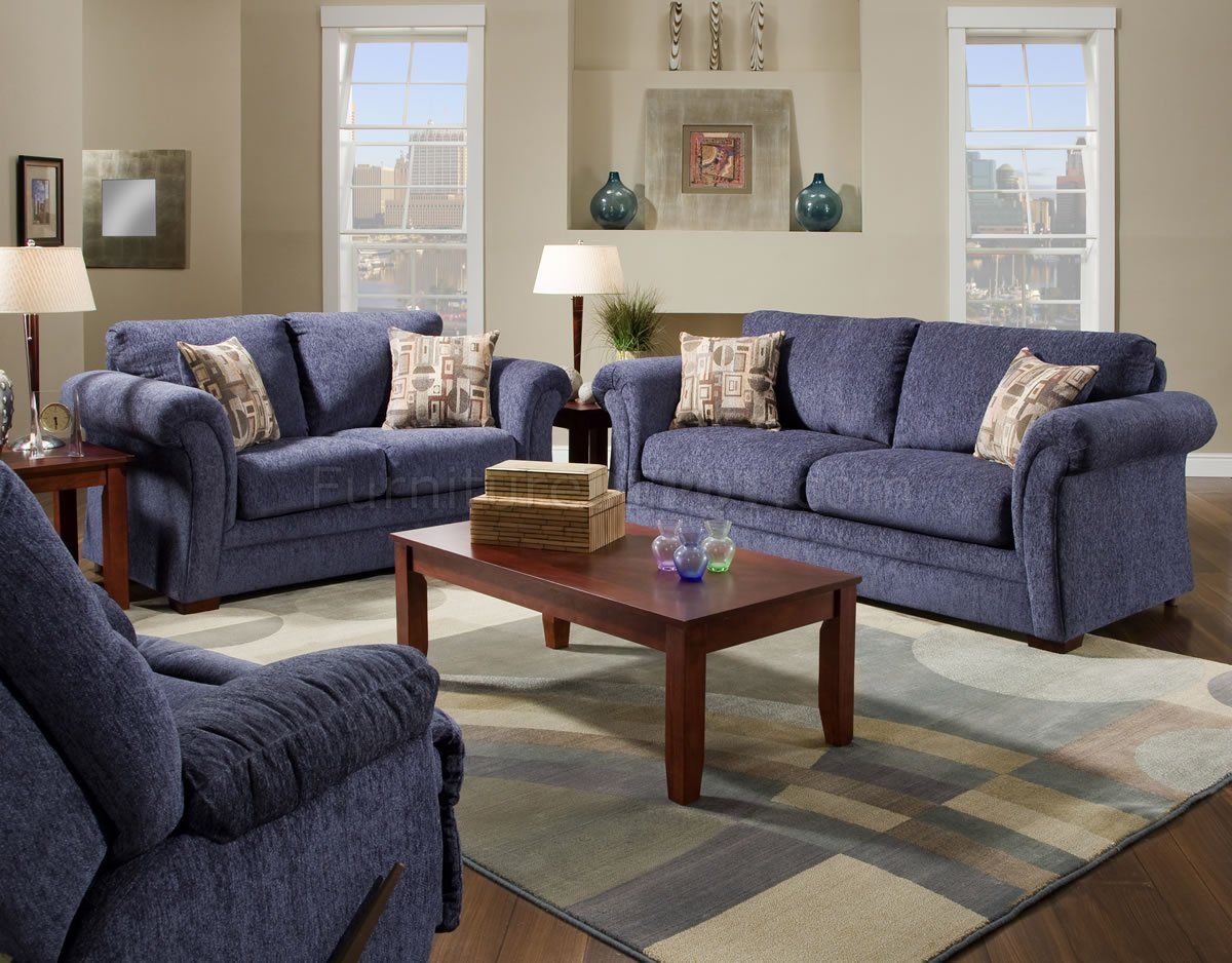 Plush Blue Fabric Casual Modern Living Room Sofa With Living Room Sofa Chairs (View 12 of 15)