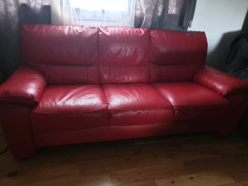 Red Leather 3 Seater Sofa Chair & Foot Stool With Storage Regarding Red Sofa Chairs (View 8 of 15)
