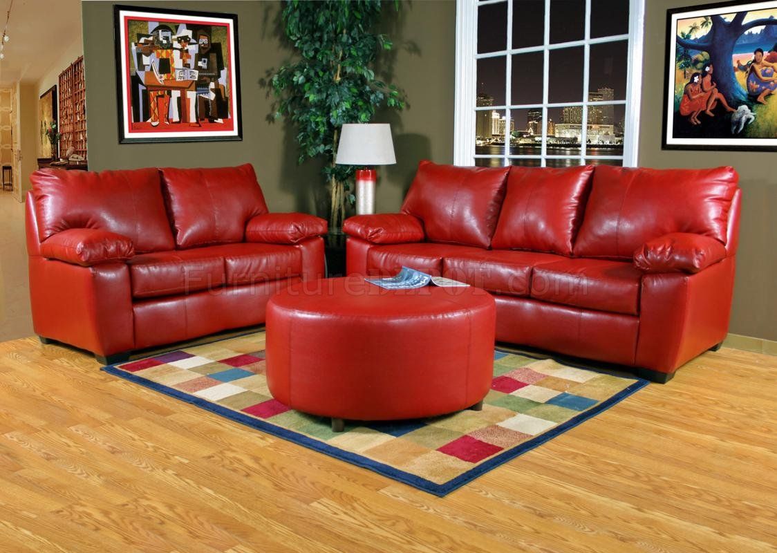 Red Leather Look Fabric Modern Sofa & Loveseat Set W/Options Regarding Red Sofa Chairs (View 6 of 15)