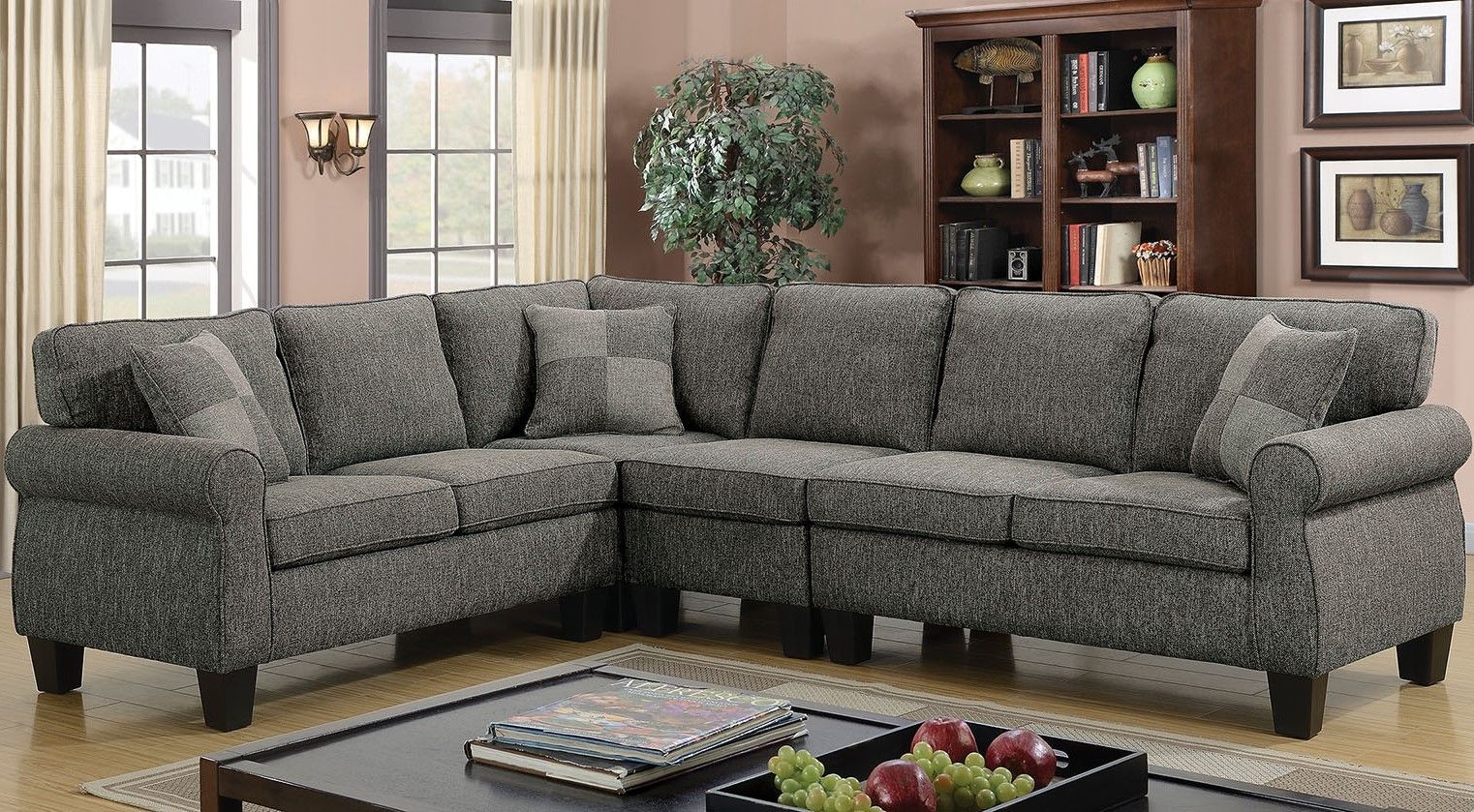 Rhian Transitional Sectional Sofa W/ Pillows In Dark Gray Inside Sectional Sofas In Gray (View 5 of 15)