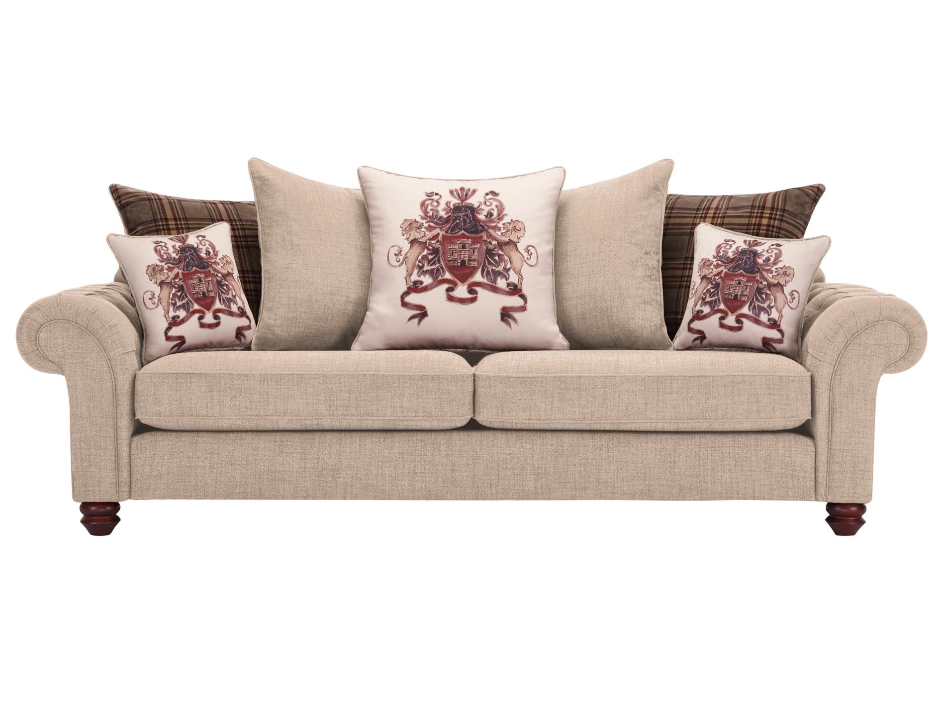 Sandringham 4 Seater Pillow Back Sofa In Beige With Brown Regarding Lyvia Pillowback Sofa Sectional Sofas (View 4 of 15)