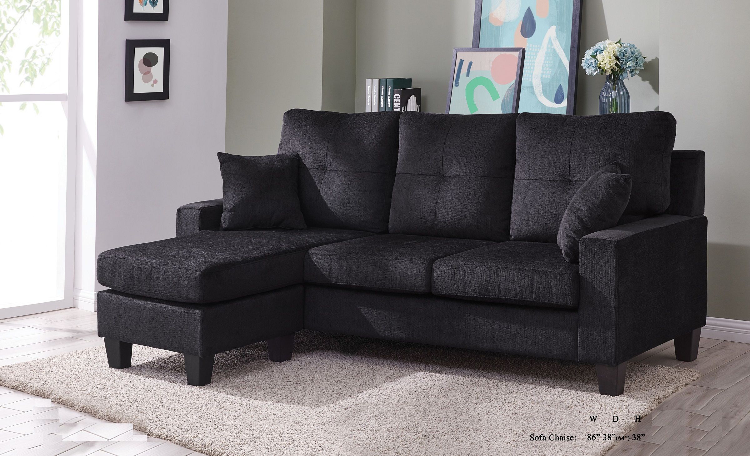 Sectional Sofa Set Black Fabric Tufted Cushion Sofa Chaise Within Sofa Chairs For Living Room (View 1 of 15)