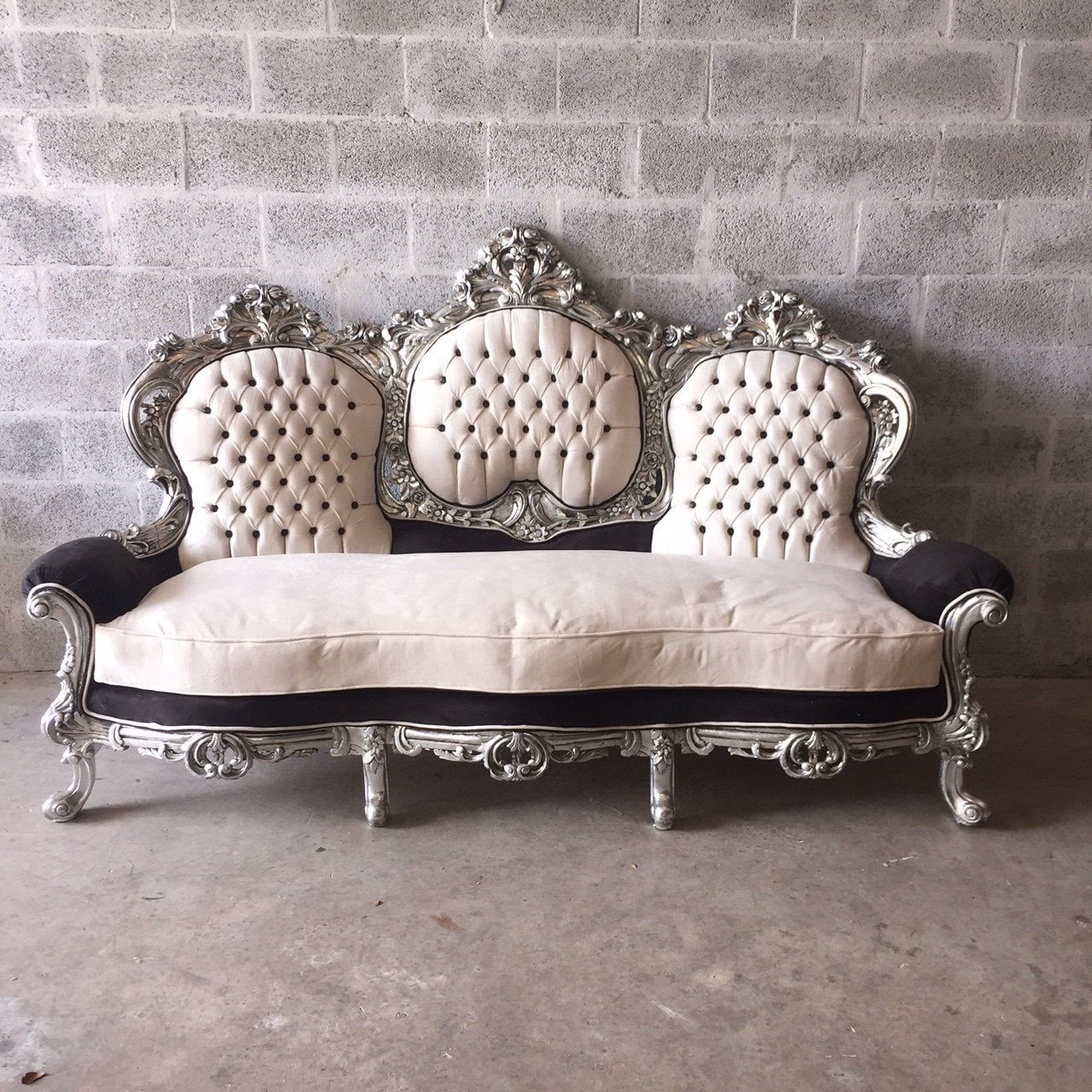 Tufted Settee Rococo Furniture Sofa Antique Italian Throne In 4Pc French Seamed Sectional Sofas Velvet Black (View 1 of 15)