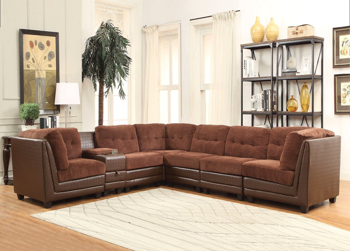 Valen 7 Pc Casual Modular Sectional Sofa In Brown Chenille Inside Paul Modular Sectional Sofas Blue (View 15 of 15)