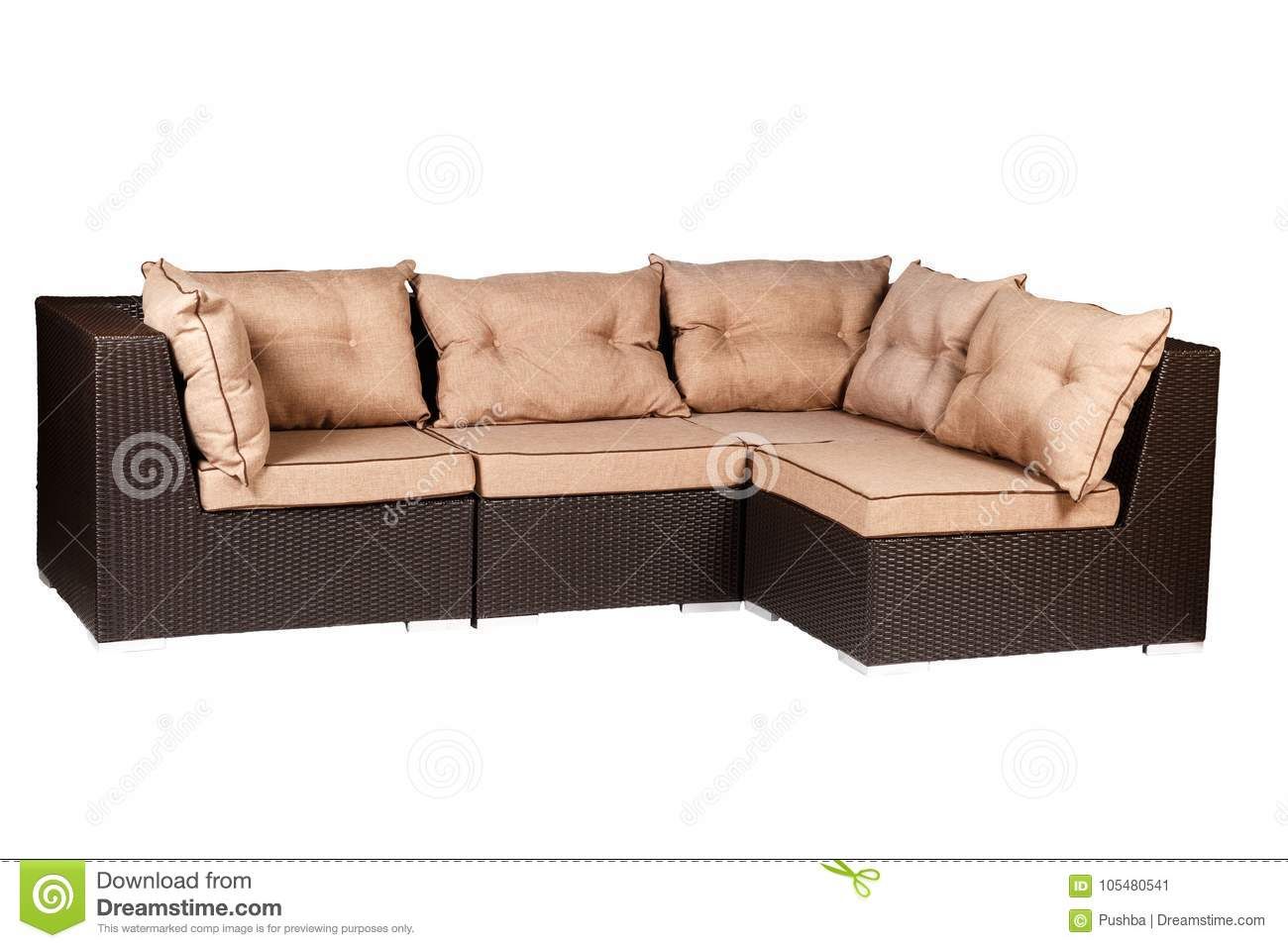 Wicker Sofa With Linen Cushions In Sand Color Stock Image Within Setoril Modern Sectional Sofa Swith Chaise Woven Linen (View 4 of 15)
