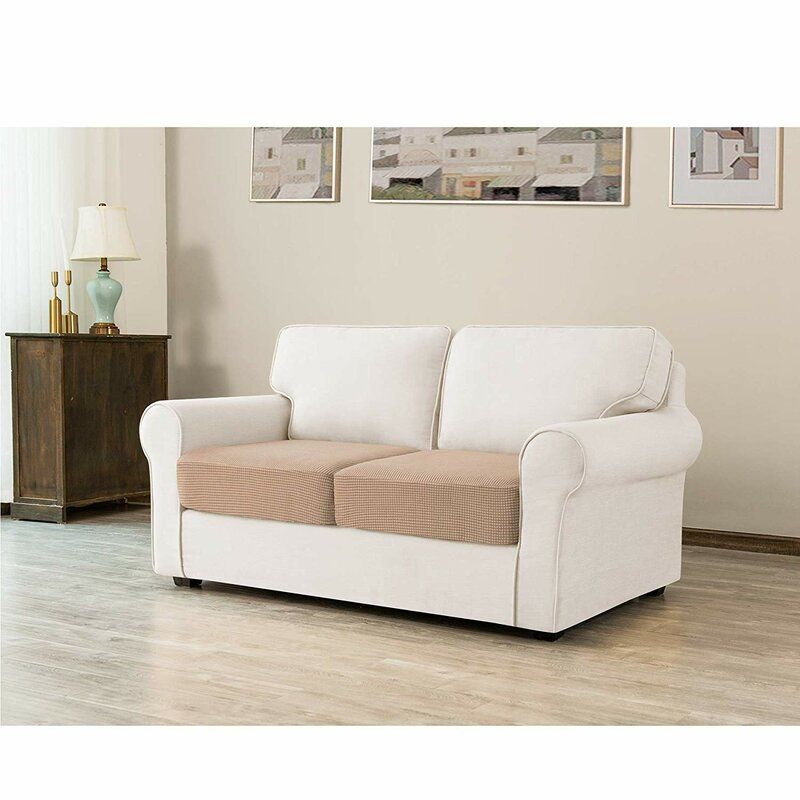 Winston Porter Stretch Textured Grid Box Cushion Loveseat Pertaining To Camila Poly Blend Sectional Sofas Off White (View 5 of 15)