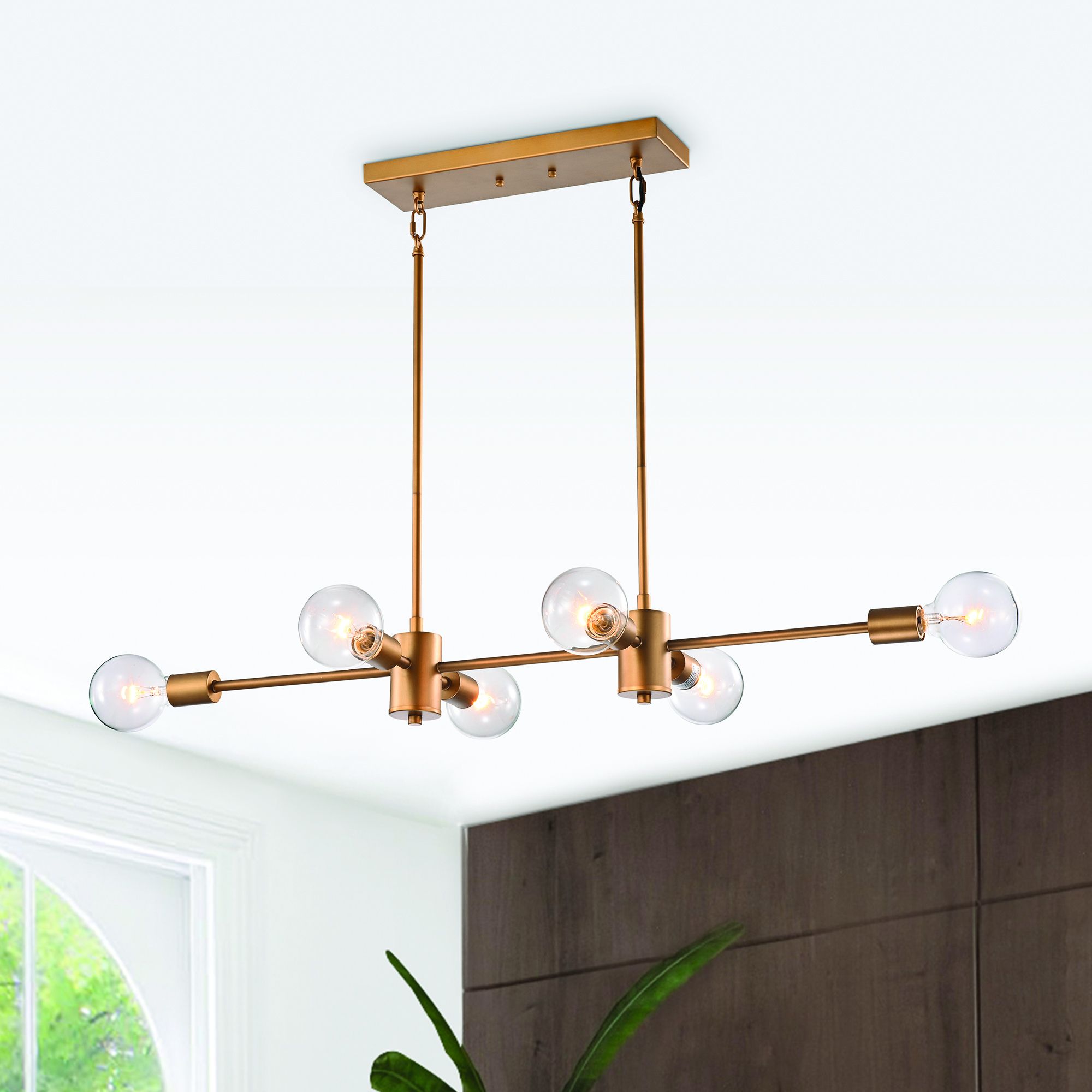 6 Light Natural Brass Exposed Bulb Linear Mid Century Inside Natural Brass 19 Inch Eight Light Chandeliers (View 4 of 15)