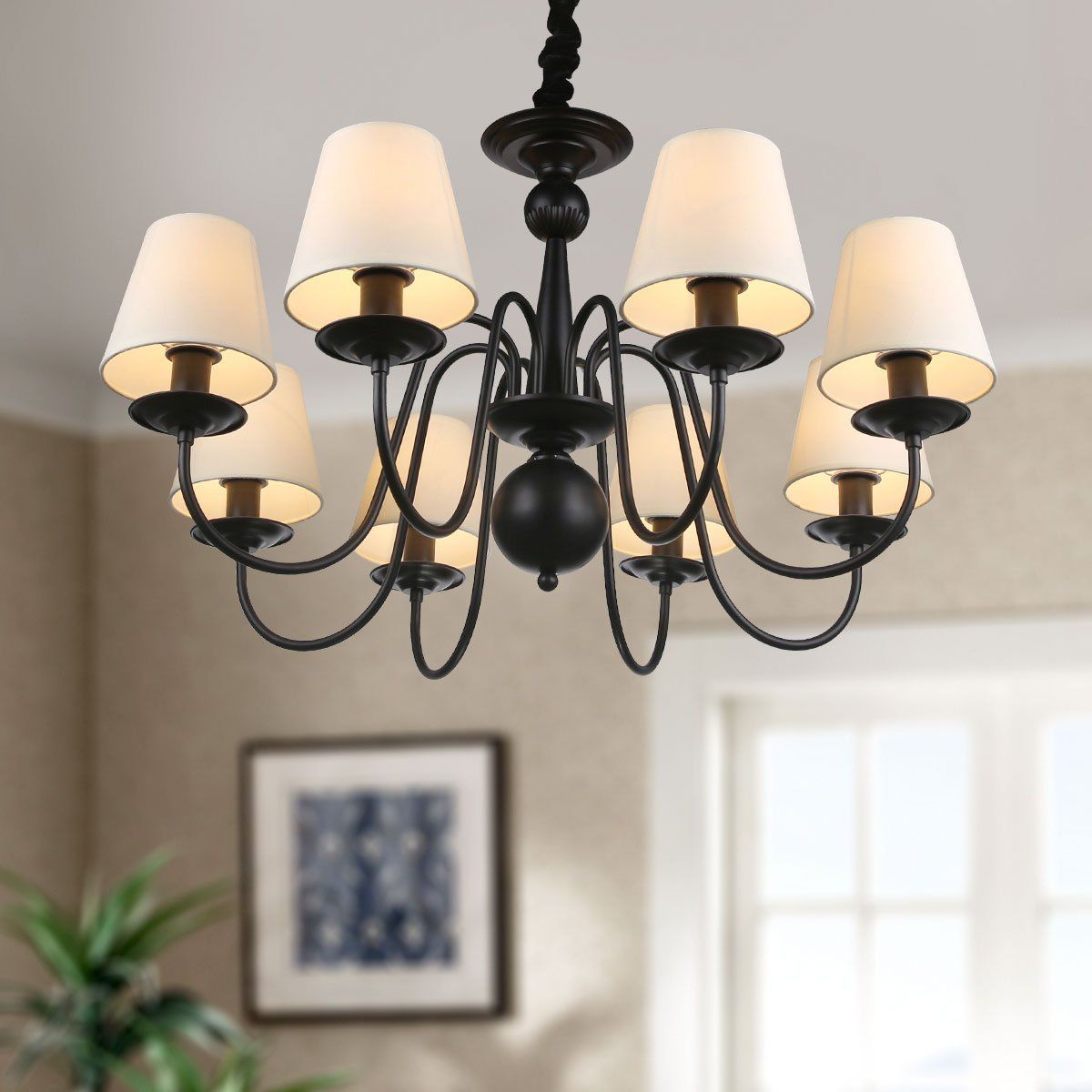 8 Light Black Wrought Iron Chandelier With Cloth Shades (E Pertaining To Black Iron Eight Light Minimalist Chandeliers (View 12 of 15)