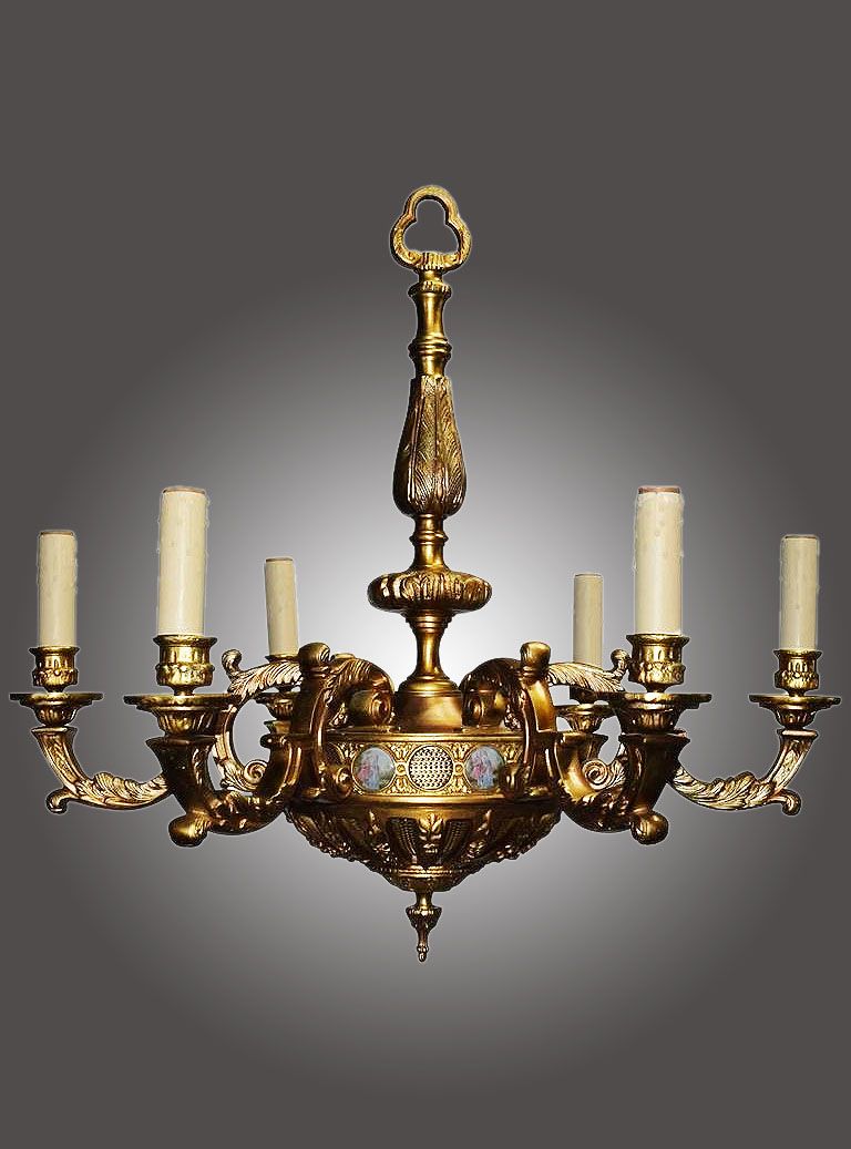 Antique Bronze Chandelier With Porcelain Plaques | Maurice Throughout Old Bronze Five Light Chandeliers (View 9 of 15)