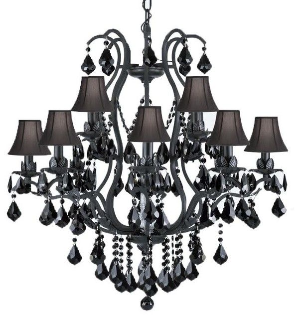 Black Wrought Iron Crystal Chandelier Dressed With Black Regarding Black Iron Eight Light Chandeliers (View 15 of 15)