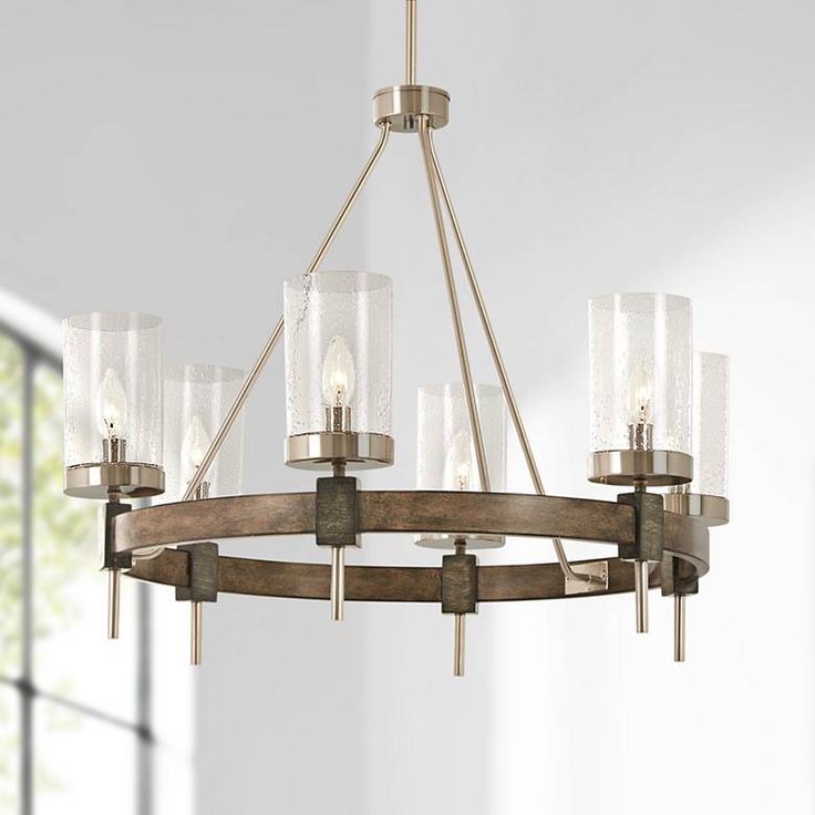 Bridlewood 28" Wide Wood Ring Modern Wagon Wheel Inside Stone Grey With Brushed Nickel Six Light Chandeliers (View 4 of 15)