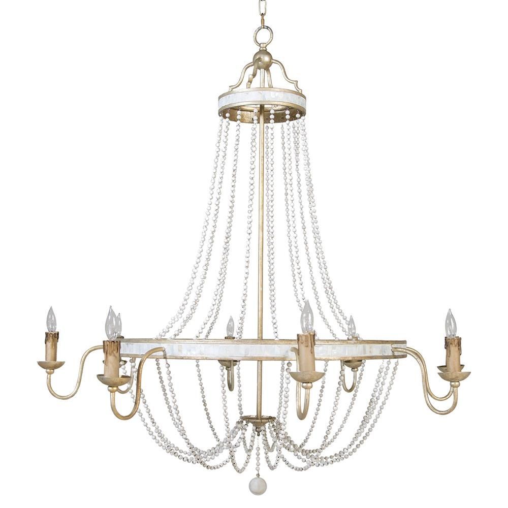 Cindy Coastal Beach Gold Silver White Wood Bead Empire With White And Weathered White Bead Three Light Chandeliers (View 9 of 15)