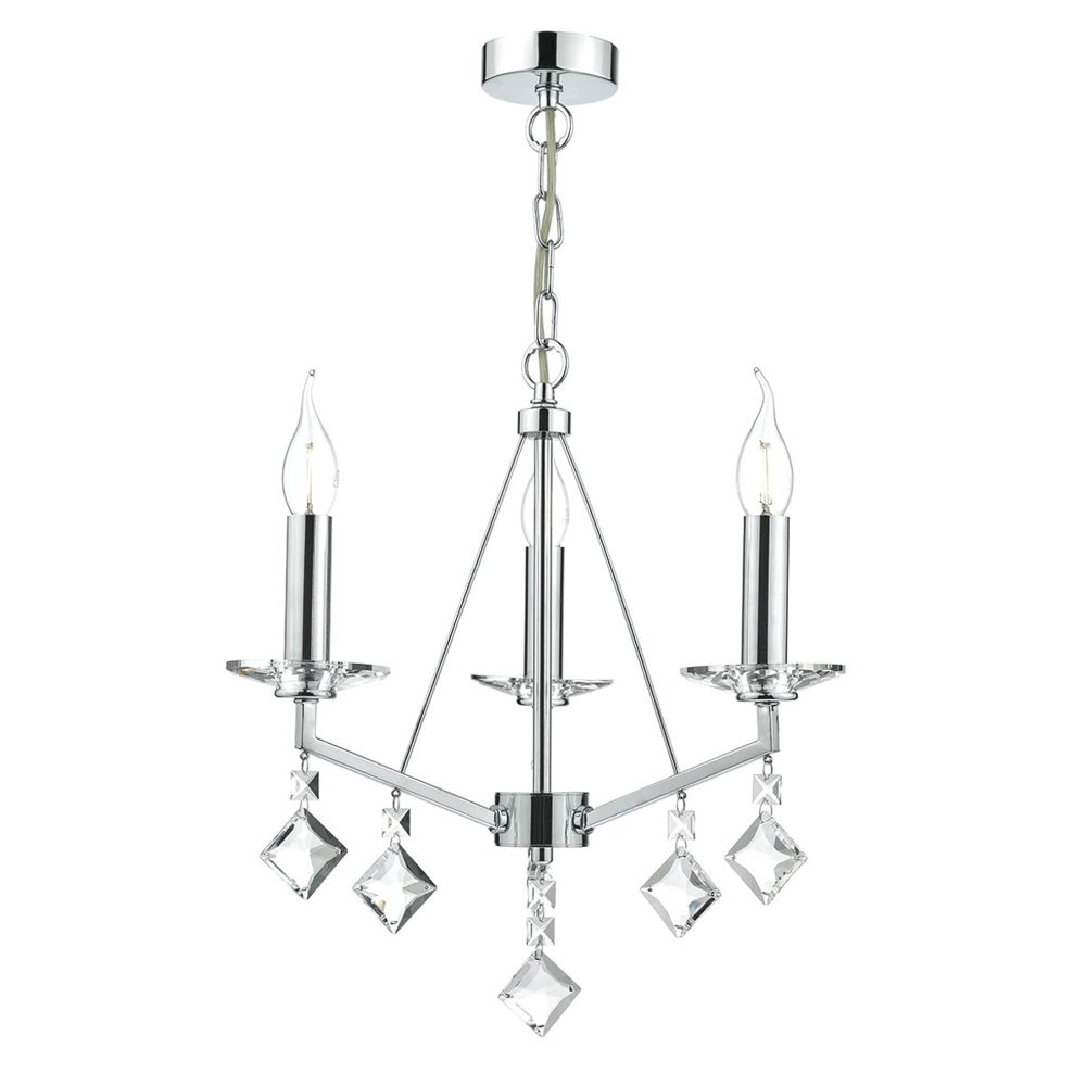 Dar Lighting Vevey Three Light Pendant In Crystal And With Regard To Polished Chrome Three Light Chandeliers With Clear Crystal (View 3 of 15)