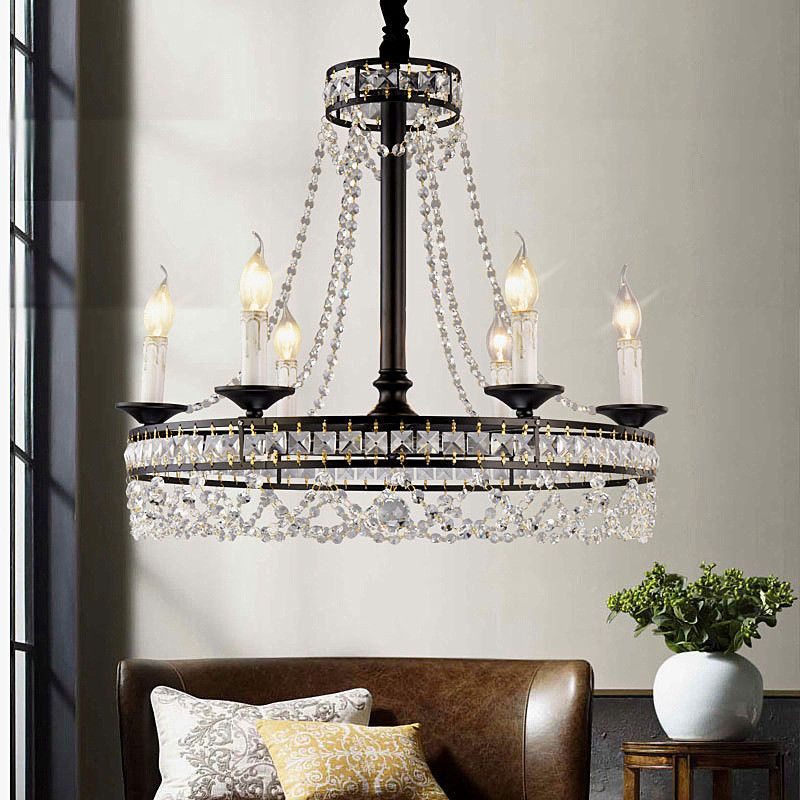 E14/E12 Black Iron Candle Chandelier With K9 Crystal (Wh In Black Iron Eight Light Chandeliers (View 10 of 15)