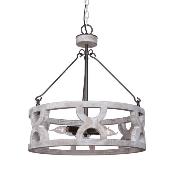 Farmhouse 3 Light Distressed White Wood Drum Chandelier Regarding White And Weathered White Bead Three Light Chandeliers (View 3 of 15)