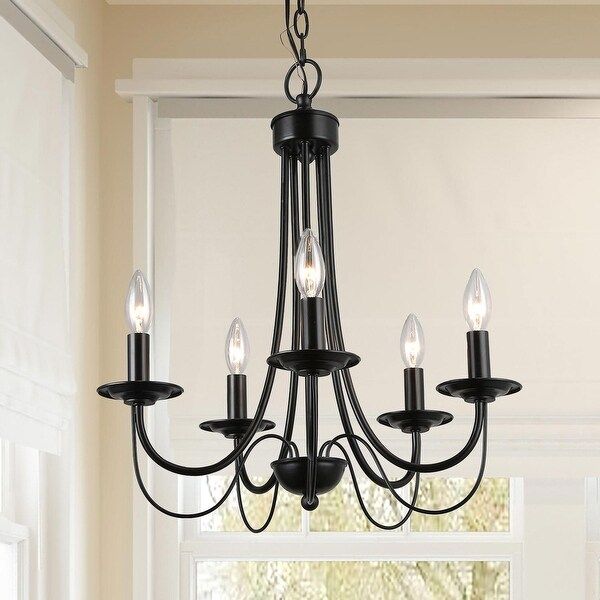 Farmhouse 5 Light Matte Black Finish Candle Style Within Matte Black Four Light Chandeliers (View 2 of 15)