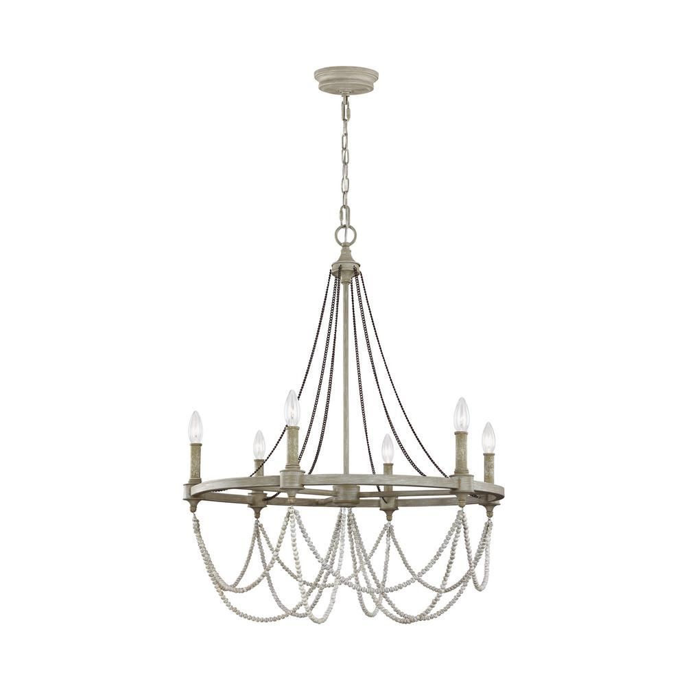 Feiss Beverly 6 Light French Washed Oak And Distressed Regarding White And Weathered White Bead Three Light Chandeliers (View 10 of 15)
