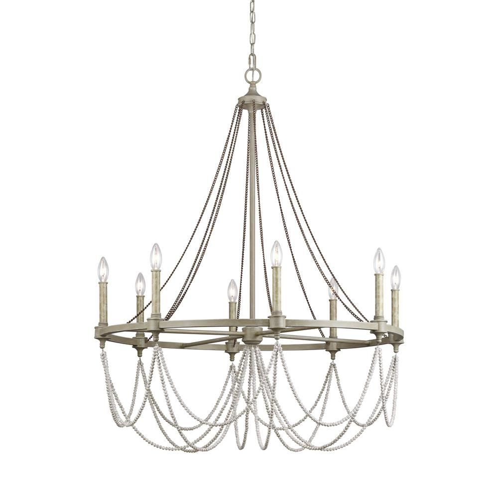 Feiss Beverly 8 Light French Washed Oak And Distressed Regarding White And Weathered White Bead Three Light Chandeliers (View 11 of 15)