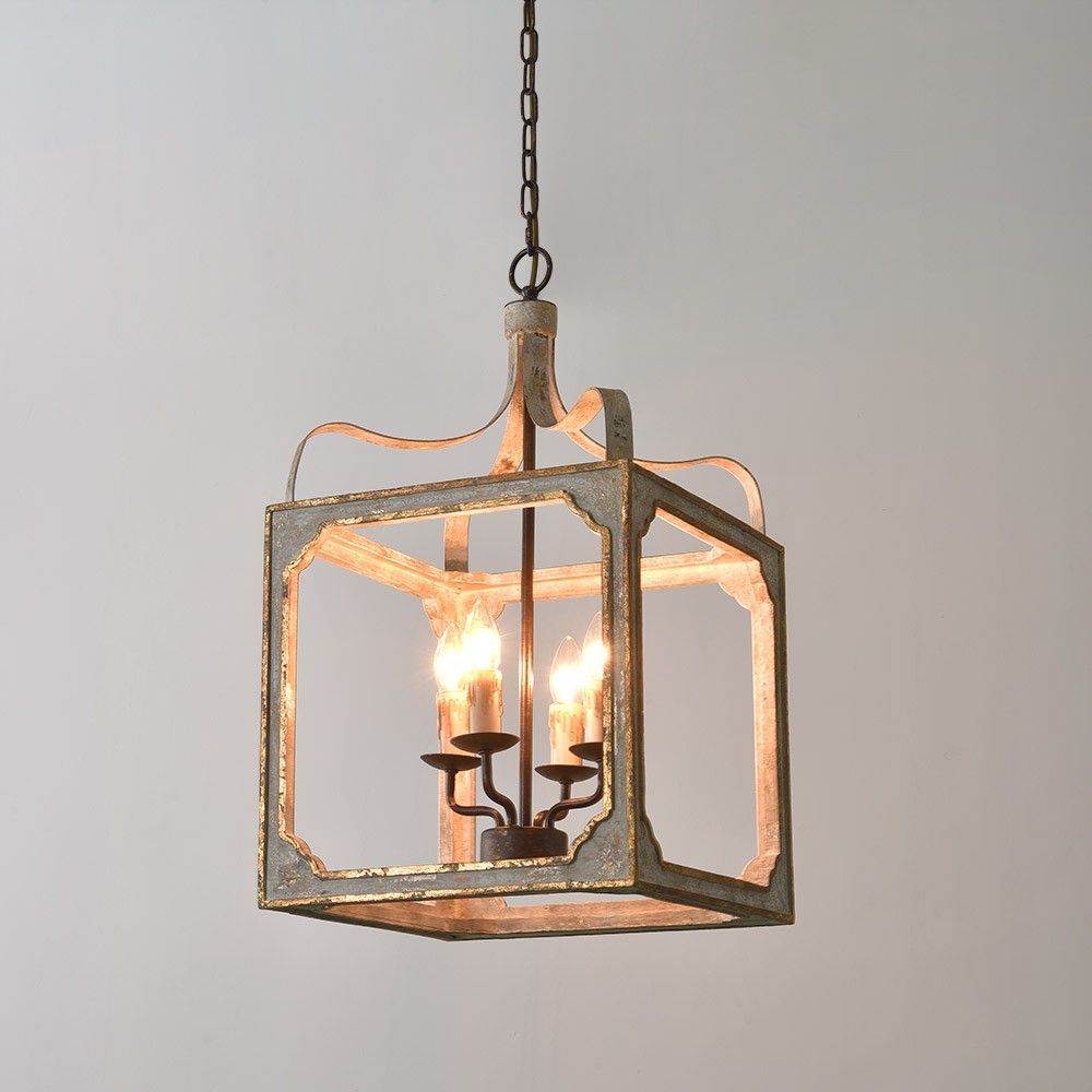 French Country 4 Light Square Lantern Chandelier Metal And Pertaining To Antique Gold 13 Inch Four Light Chandeliers (View 15 of 15)
