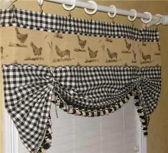 French Country Balloon Tie Up Valance Curtains Rooster Hen Intended For Barnyard Buffalo Check Rooster Window Valances (View 3 of 15)