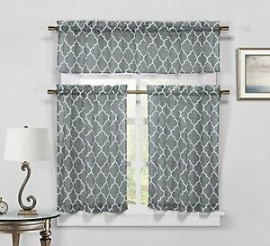 Gray 3 Piece Sheer Window Curtain Set: Trellis Design, 2 Inside Trellis Pattern Window Valances (View 13 of 15)