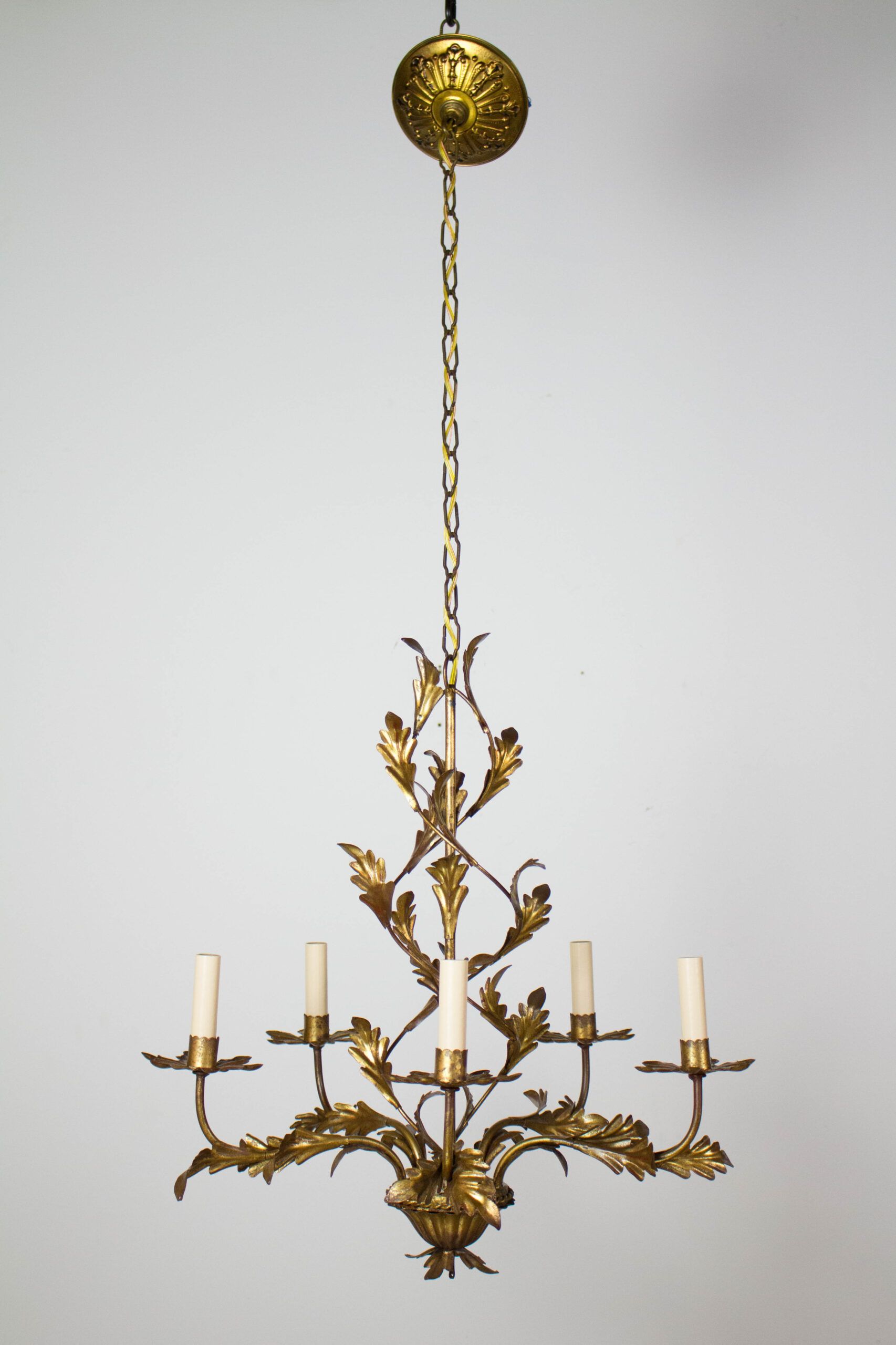 Italian Five Light Gold Leaf Chandelier With Crystals Pertaining To Antique Gild One Light Chandeliers (View 15 of 15)