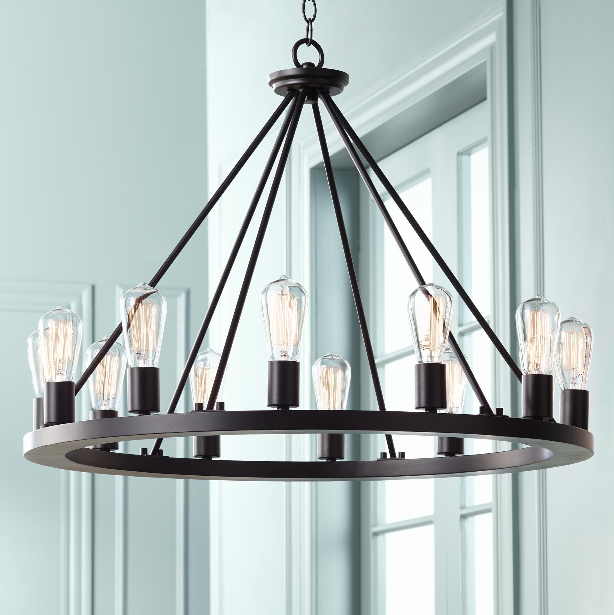 Lacey 28" Wide Round Black 12 Light Led Wagon Wheel Within Rustic Black 28 Inch Four Light Chandeliers (View 9 of 15)