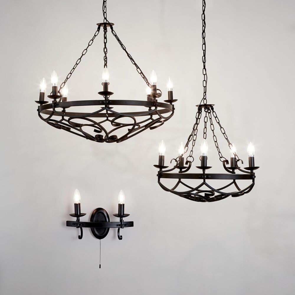 Large Gothic 8 Light Scrolled Iron Cartwheel Chandelier With Regard To Black Iron Eight Light Minimalist Chandeliers (View 11 of 15)