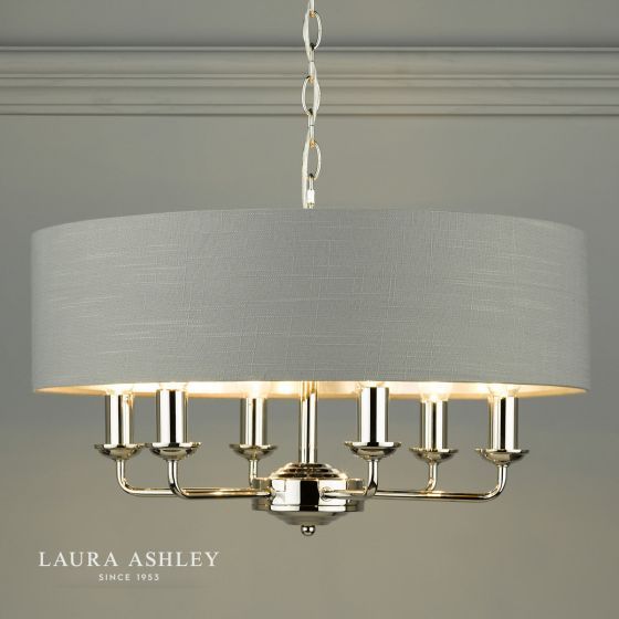 Laura Ashley Sorrento Polished Nickel 6 Light Armed Within Stone Grey With Brushed Nickel Six Light Chandeliers (View 13 of 15)