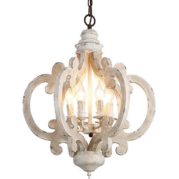 Lovedima Rustic Vintage Iron Wooden Chandelier 6 Light In White And Weathered White Bead Three Light Chandeliers (View 8 of 15)