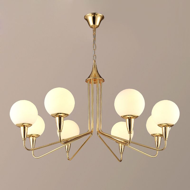 Modern White Glass Globes Chandelier Metal 8 Light Curved In Steel Eight Light Chandeliers (View 4 of 15)