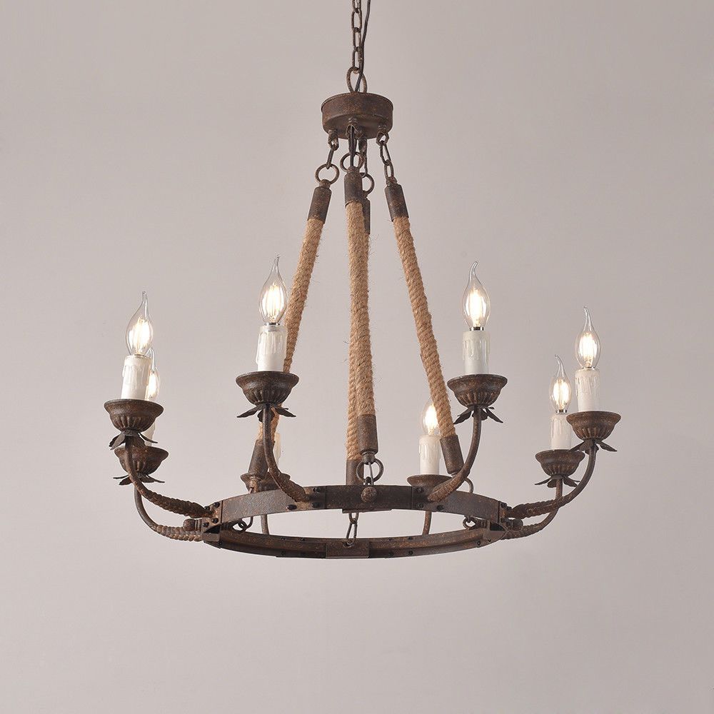 Rustic Iron Flaxen Hemp Rope & Metal 8 Light Round With Steel Eight Light Chandeliers (View 11 of 15)