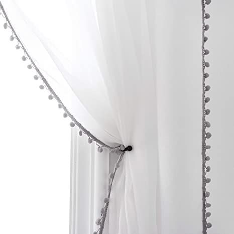 Selectex Linen Look Pom Pom Tasseled Sheer Curtains – Rod Regarding Semi Sheer Rod Pocket Kitchen Curtain Valance And Tiers Sets (View 11 of 15)