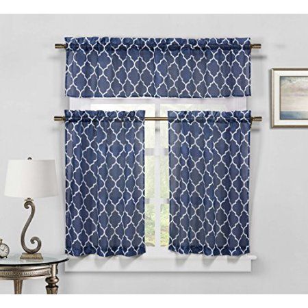 Sheer 3 Piece Kitchen Window Curtain/Cafe Tiers Set Regarding Trellis Pattern Window Valances (View 7 of 15)