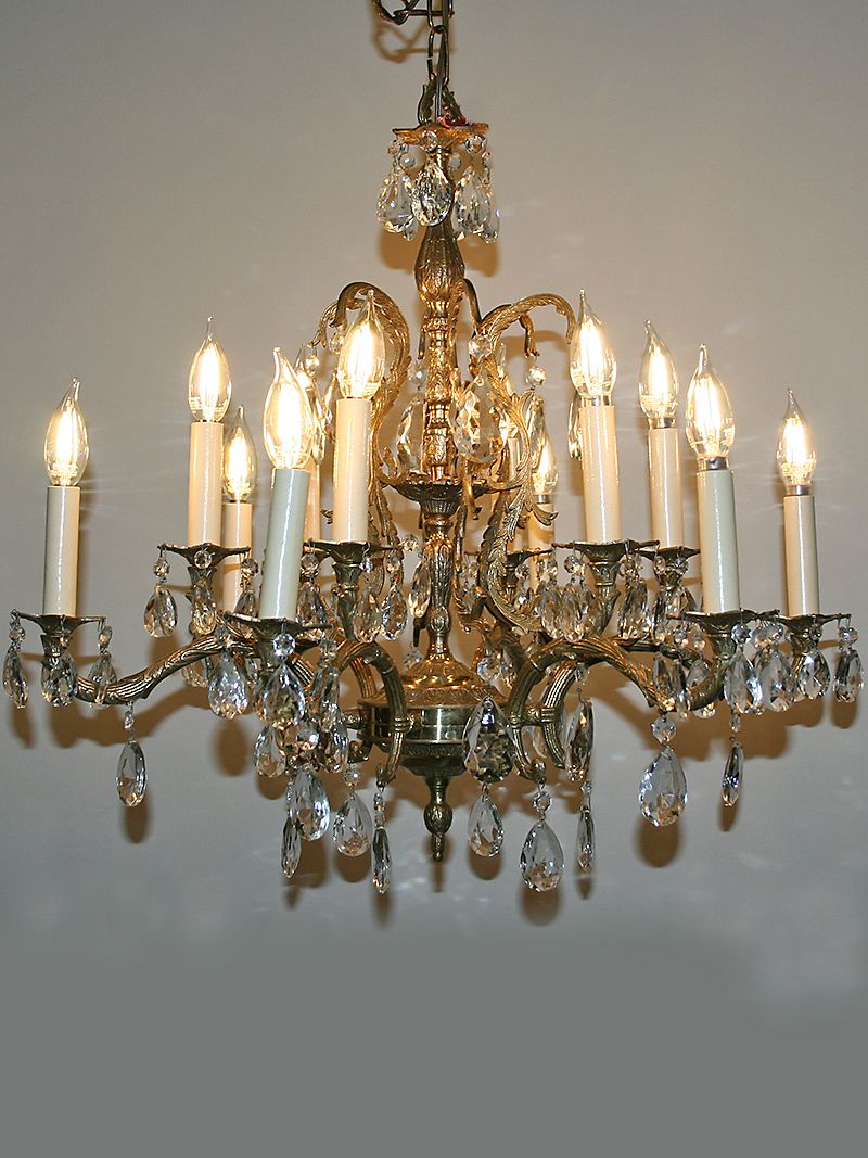 Vintage Spanish Cast 12 Light Brass & Crystal Chandelier W Within Antique Brass Seven Light Chandeliers (View 5 of 15)